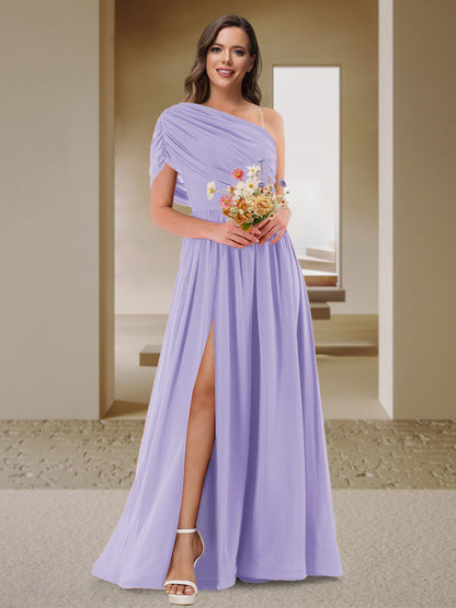 Robe de Demoiselle d'Honneur En Satin Froncé à Une Épaule et Coupe Princesse avec Fente Latérale