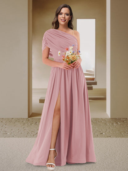 Robe de Demoiselle d'Honneur En Satin Froncé à Une Épaule et Coupe Princesse avec Fente Latérale