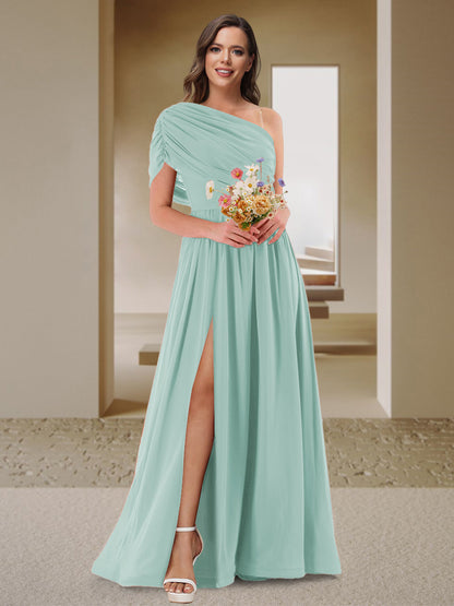 Robe de Demoiselle d'Honneur En Satin Froncé à Une Épaule et Coupe Princesse avec Fente Latérale
