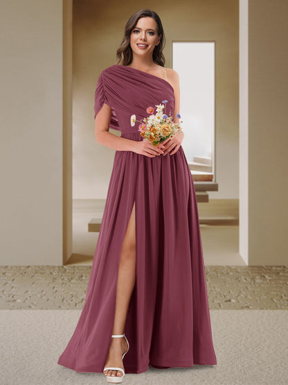 Robe de Demoiselle d'Honneur En Satin Froncé à Une Épaule et Coupe Princesse avec Fente Latérale