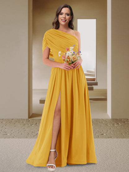 Robe de Demoiselle d'Honneur En Satin Froncé à Une Épaule et Coupe Princesse avec Fente Latérale