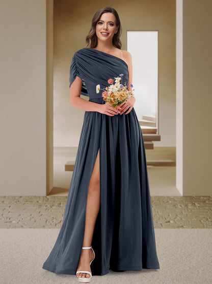 Robe de Demoiselle d'Honneur En Satin Froncé à Une Épaule et Coupe Princesse avec Fente Latérale