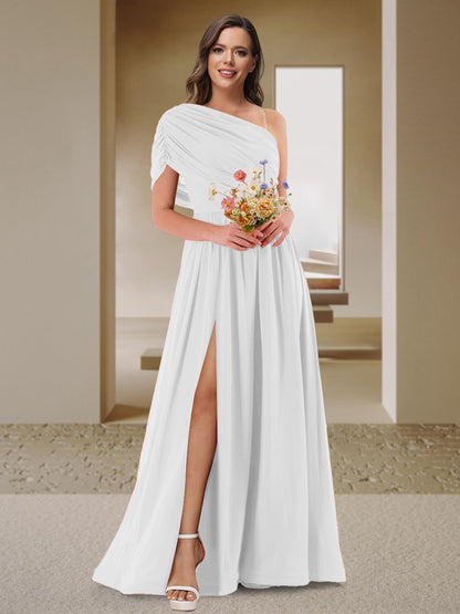 Robe de Demoiselle d'Honneur En Satin Froncé à Une Épaule et Coupe Princesse avec Fente Latérale