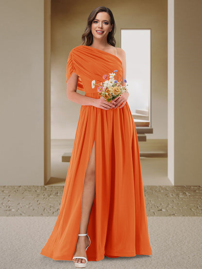 Robe de Demoiselle d'Honneur En Satin Froncé à Une Épaule et Coupe Princesse avec Fente Latérale