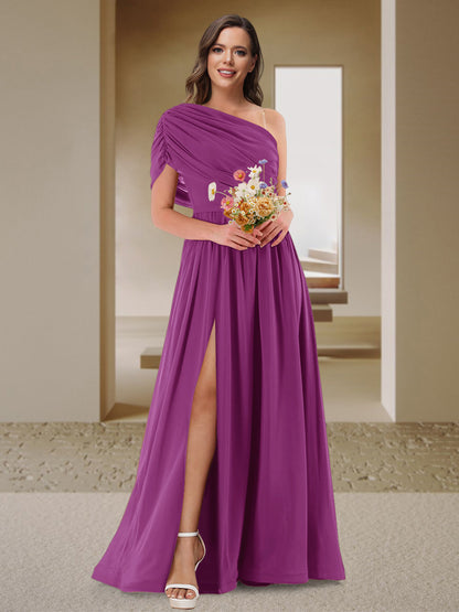 Robe de Demoiselle d'Honneur En Satin Froncé à Une Épaule et Coupe Princesse avec Fente Latérale