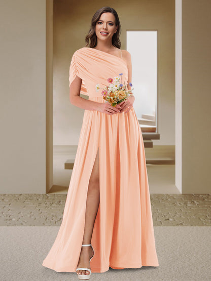 Robe de Demoiselle d'Honneur En Satin Froncé à Une Épaule et Coupe Princesse avec Fente Latérale