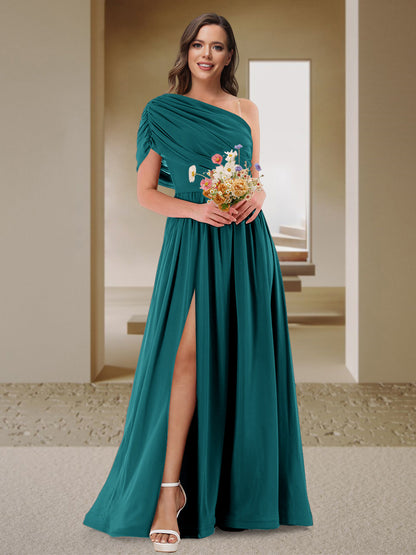 Robe de Demoiselle d'Honneur En Satin Froncé à Une Épaule et Coupe Princesse avec Fente Latérale
