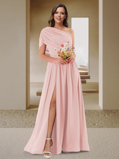 Robe de Demoiselle d'Honneur En Satin Froncé à Une Épaule et Coupe Princesse avec Fente Latérale