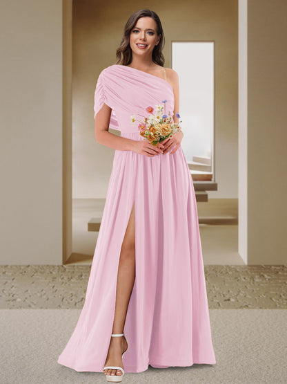 Robe de Demoiselle d'Honneur En Satin Froncé à Une Épaule et Coupe Princesse avec Fente Latérale