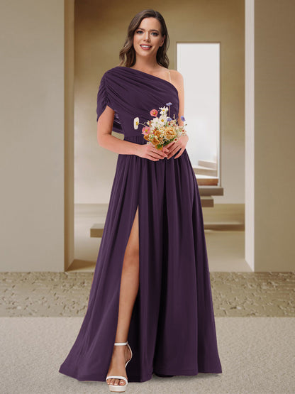 Robe de Demoiselle d'Honneur En Satin Froncé à Une Épaule et Coupe Princesse avec Fente Latérale
