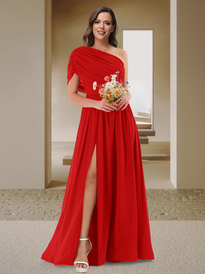Robe de Demoiselle d'Honneur En Satin Froncé à Une Épaule et Coupe Princesse avec Fente Latérale