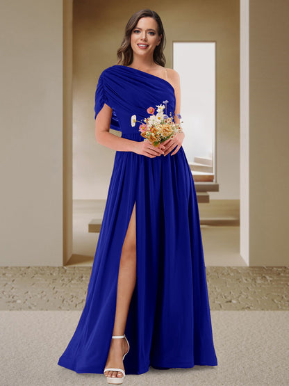 Robe de Demoiselle d'Honneur En Satin Froncé à Une Épaule et Coupe Princesse avec Fente Latérale