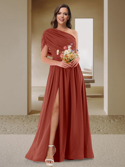 Robe de Demoiselle d'Honneur En Satin Froncé à Une Épaule et Coupe Princesse avec Fente Latérale