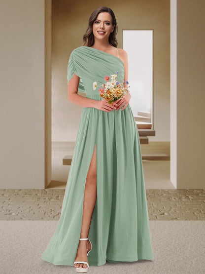 Robe de Demoiselle d'Honneur En Satin Froncé à Une Épaule et Coupe Princesse avec Fente Latérale