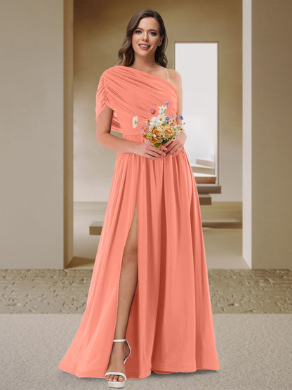 Robe de Demoiselle d'Honneur En Satin Froncé à Une Épaule et Coupe Princesse avec Fente Latérale