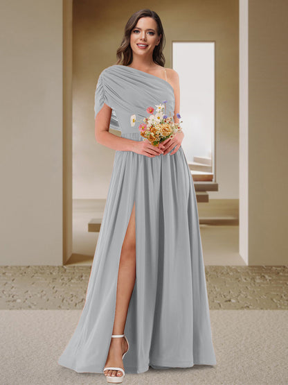 Robe de Demoiselle d'Honneur En Satin Froncé à Une Épaule et Coupe Princesse avec Fente Latérale
