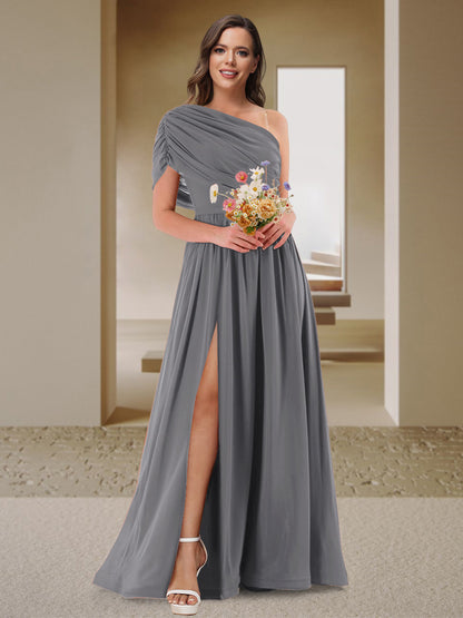 Robe de Demoiselle d'Honneur En Satin Froncé à Une Épaule et Coupe Princesse avec Fente Latérale