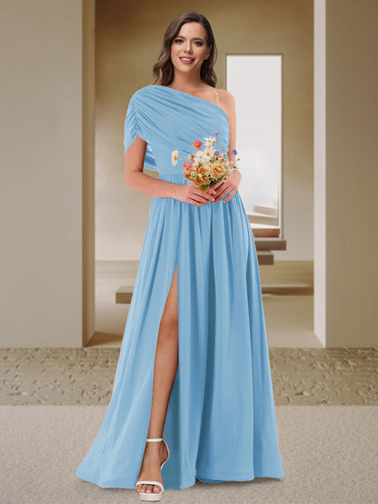 Robe de Demoiselle d'Honneur En Satin Froncé à Une Épaule et Coupe Princesse avec Fente Latérale