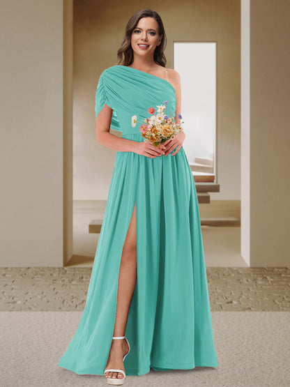 Robe de Demoiselle d'Honneur En Satin Froncé à Une Épaule et Coupe Princesse avec Fente Latérale