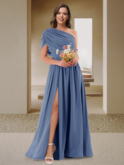 Robe de Demoiselle d'Honneur En Satin Froncé à Une Épaule et Coupe Princesse avec Fente Latérale