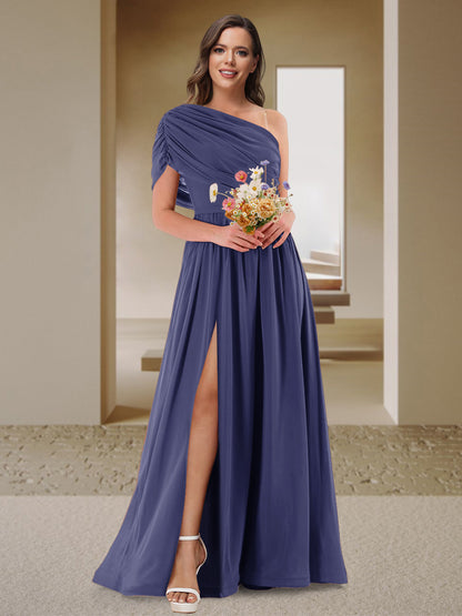 Robe de Demoiselle d'Honneur En Satin Froncé à Une Épaule et Coupe Princesse avec Fente Latérale