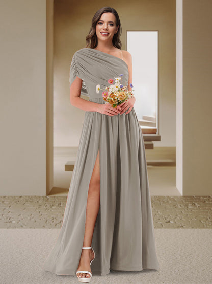 Robe de Demoiselle d'Honneur En Satin Froncé à Une Épaule et Coupe Princesse avec Fente Latérale