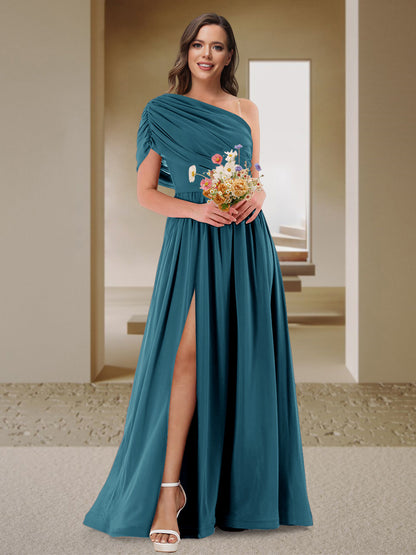 Robe de Demoiselle d'Honneur En Satin Froncé à Une Épaule et Coupe Princesse avec Fente Latérale