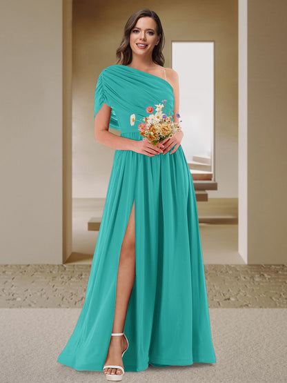 Robe de Demoiselle d'Honneur En Satin Froncé à Une Épaule et Coupe Princesse avec Fente Latérale