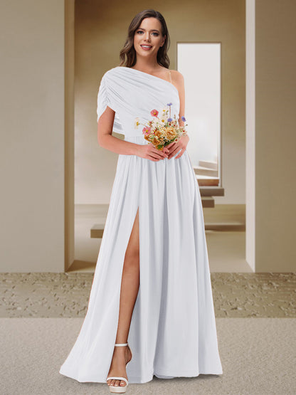 Robe de Demoiselle d'Honneur En Satin Froncé à Une Épaule et Coupe Princesse avec Fente Latérale