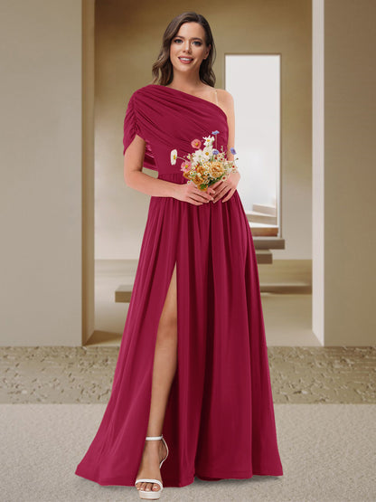Robe de Demoiselle d'Honneur En Satin Froncé à Une Épaule et Coupe Princesse avec Fente Latérale