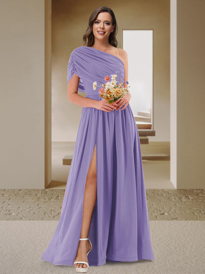 Robe de Demoiselle d'Honneur En Satin Froncé à Une Épaule et Coupe Princesse avec Fente Latérale