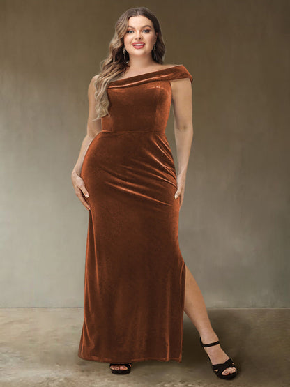 Robe de Soirée Fourreau/Colonne Asymétrique en Velours Sans Manches, Grande Taille avec Fente Latérale