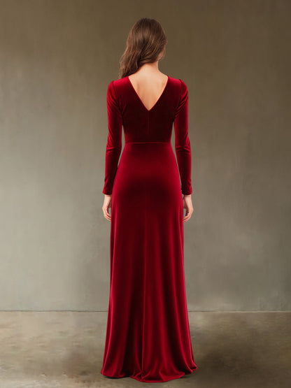 Robe de Soirée Fourreau/Colonne à Col En V et Manches Longues En Velours Froncé avec Fente Latérale