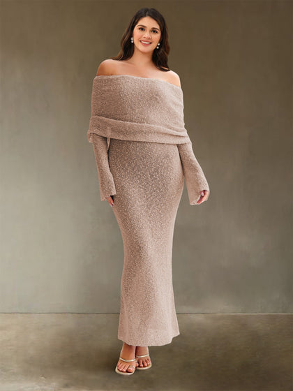 Robe de Soirée En Tricot à Manches Longues et Col Roulé à Épaules Dénudées