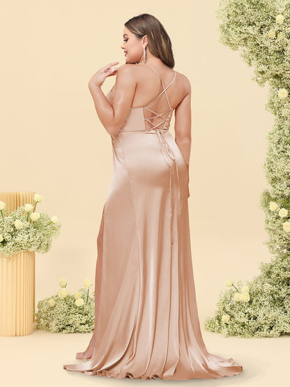 Robe de Demoiselled'Honneur Grande Taille, Style Sirène, Bretelles Spaghetti, Froncée et Fendue Sur le Côté