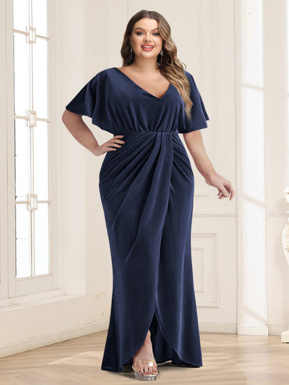 Robes de Mère de la Mariée Grande Taille, Fourreau/Colonne, Col en V, Manches Courtes, Froncées