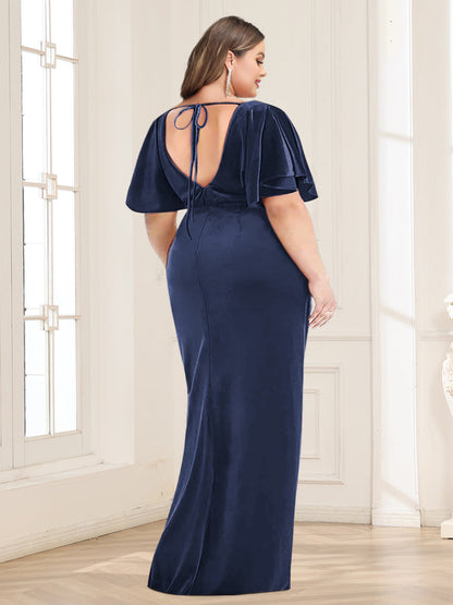 Robes de Mère de la Mariée Grande Taille, Fourreau/Colonne, Col en V, Manches Courtes, Froncées