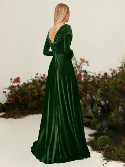 Robes de Mère de la Mariée En Velours Plissé Asymétriques à Manches Longues de Forme A-Line/Princess