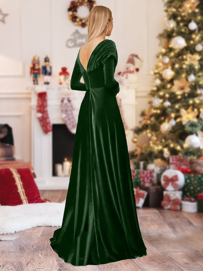 Robe de Noël Trapèze/Princesse Asymétrique à Manches Longues en Velours Plissé
