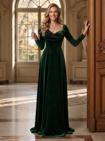 Robe de soirée longue avec traîne balai, coupe trapèze/princesse, en velours, asymétrique, manches longues, avec plis