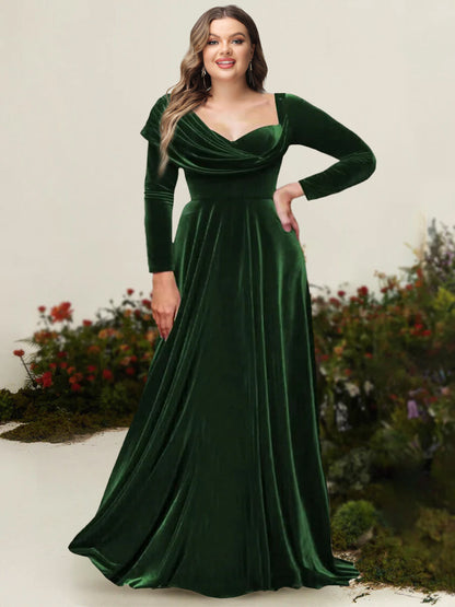 Robe de Mère de la Mariée Grande Taille, Coupe Trapèze/Princesse, Asymétrique, Manches Longues, en Velours Plissé