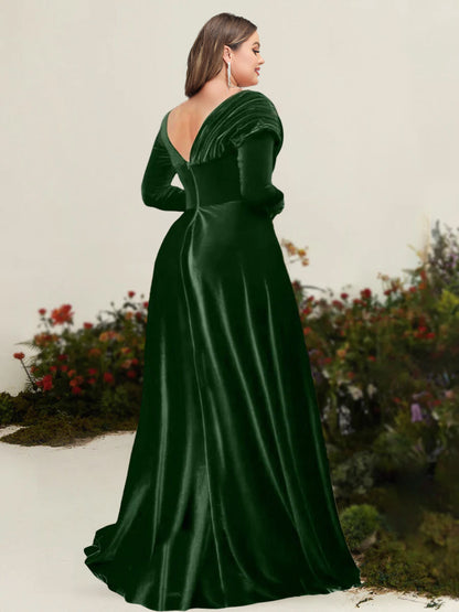 Robe de Mère de la Mariée Grande Taille, Coupe Trapèze/Princesse, Asymétrique, Manches Longues, en Velours Plissé