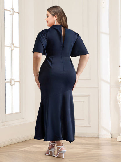 Robes de Mère de la Mariée Asymétriques Grande Taille, Coupe Fourreau/Colonne, Col Haut, Manches Flottantes