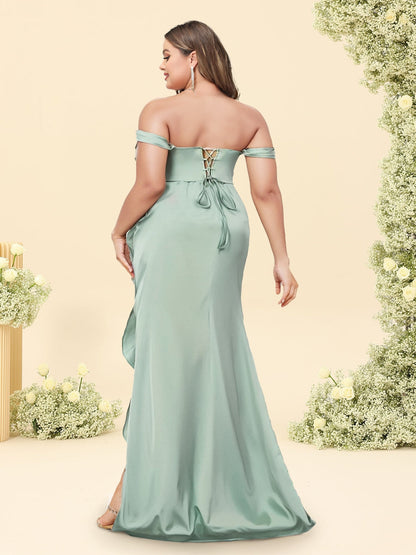 Robe de Demoiselled'Honneur Grande Taille, Longue, Fourreau/Colonne, Épaules Dénudées, Froncée avec Volants