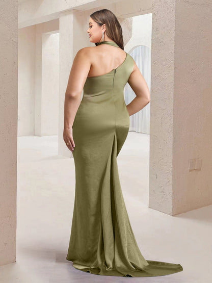 Robe de Demoiselled'Honneur Grande Taille Asymétrique, Col Haut, Froncée, Longue avec Ceinture