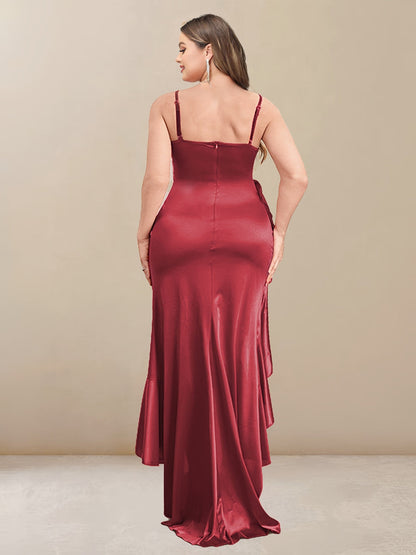 Robe de Demoiselled'Honneur Grande Taille, Longue, Fourreau/Colonne, Bretelles Dégagées, Volants avec Fente Sur le Côté