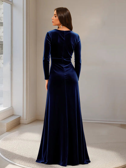 Robe de Soirée Fourreau/Colonne En Velours à Manches Longues et Col En V avec Fente Sur Le Côté