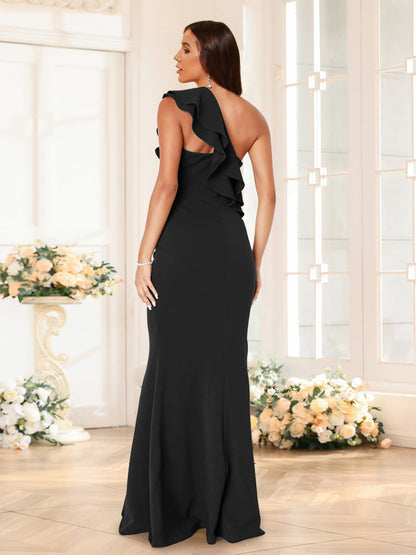 Robe de Demoiselled'Honneur Sirène Asymétrique, Sans Manches, Longueur au Sol avec Volants