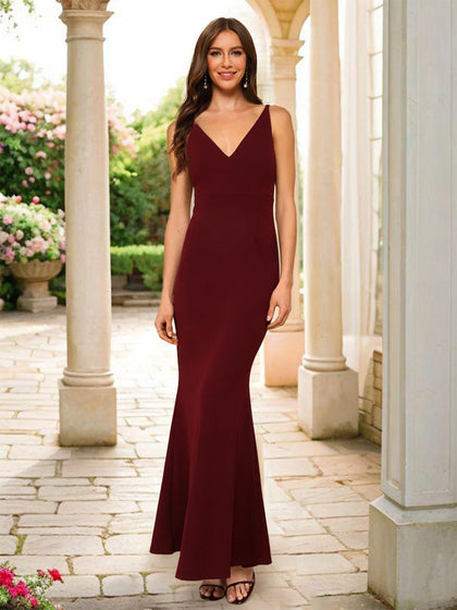 Robe de Demoiselled'Honneur Longue, Style Sirène, Col en V, Sans Manches avec Fermeture Éclair Dissimulée Dans le Dos