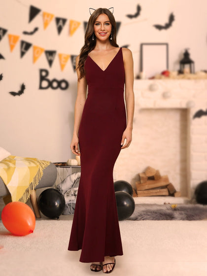 Robe Longue d'Halloween Sans Manches à Col En V et à Trompette/Sirène avec Fermeture Éclair Dissimulée Dans Le Dos